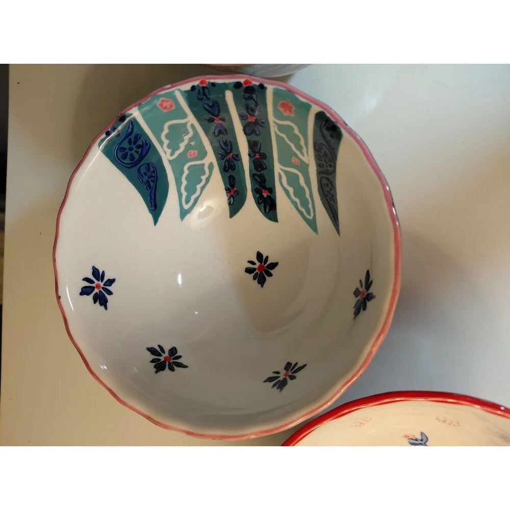Anthropologie Set of 4 Hand Painted Footed Ceramic Bowls-Retired Mix & Match